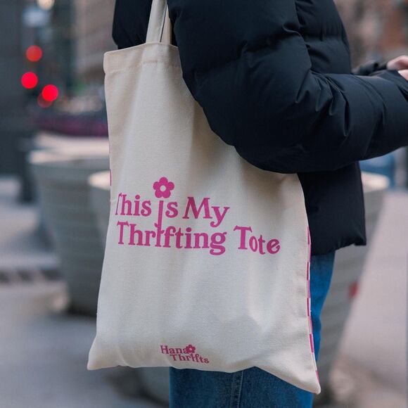 “This Is My Thrifting Tote” Pink Checkered Canvas Tote Bag - Picture 6 of 8